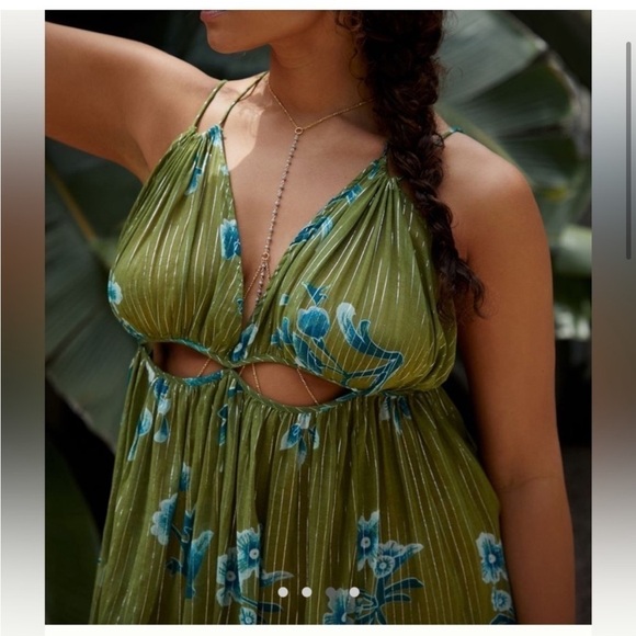 NWT Anthropologie Green Motif and Blue Metallic Cutout Maxi Dress Size XSP - Picture 4 of 10